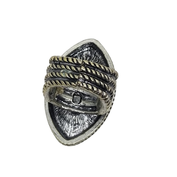 LARGE BLACK GLASS STONE & WHITE RHINESTONE SILVERTONE STRETCH COCKTAIL RING - Picture 5 of 5